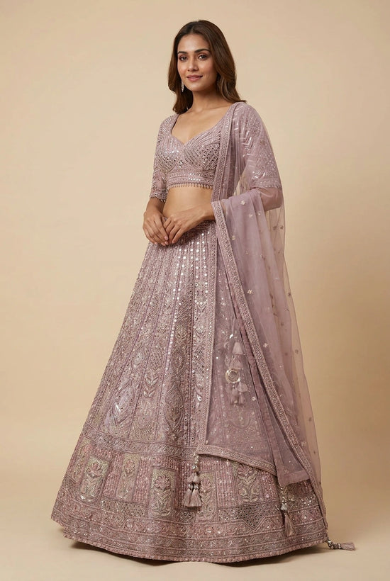 Mauve Net Lehenga Set with Crystal Accents for Bridal Reception