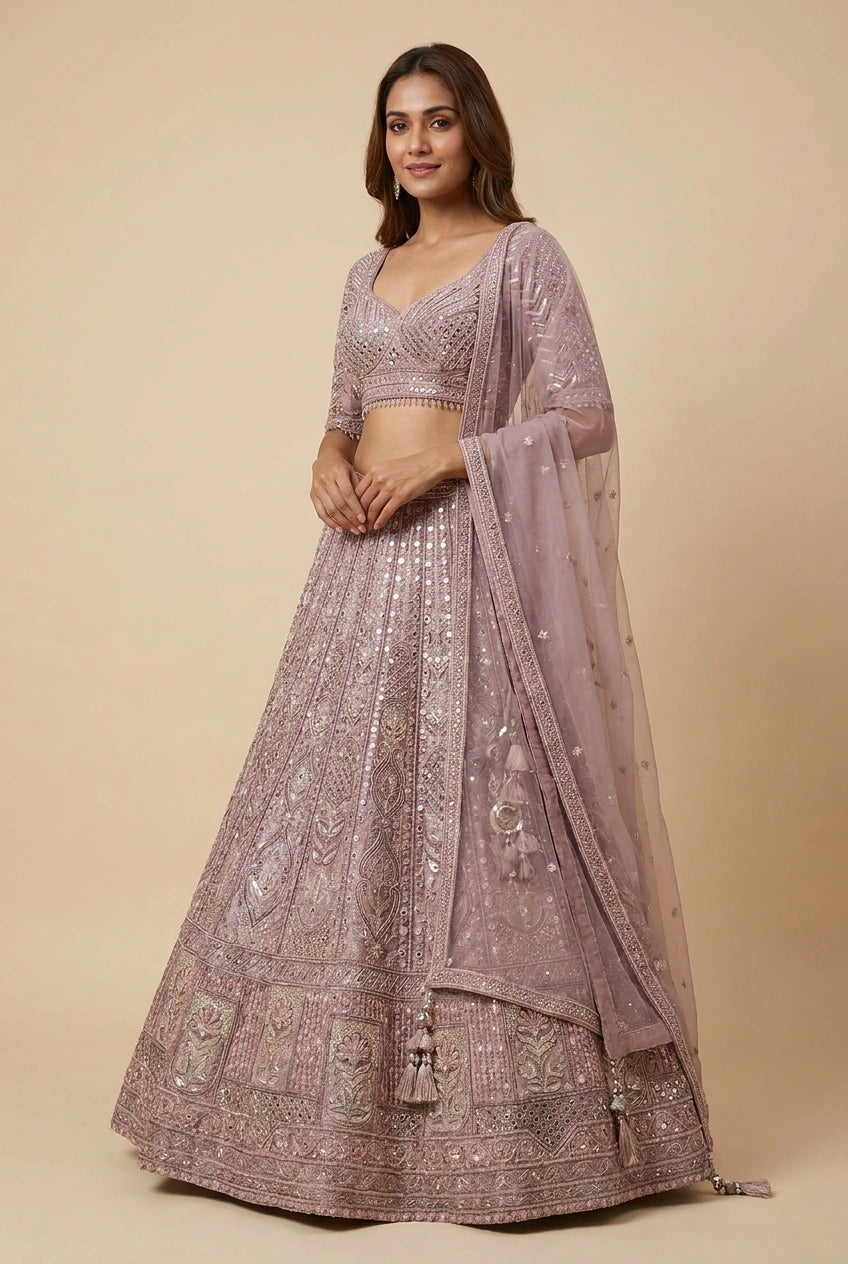 Mauve Net Lehenga Set with Crystal Accents for Bridal Reception