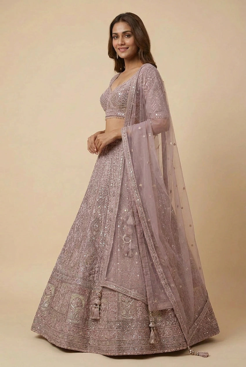 Mauve Net Lehenga Set with Crystal Accents for Bridal Reception