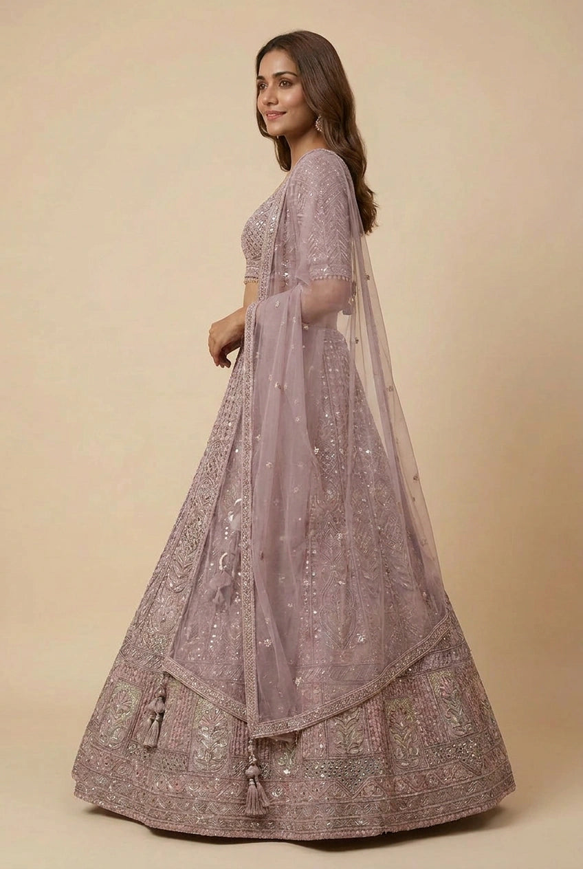 Mauve Net Lehenga Set with Crystal Accents for Bridal Reception