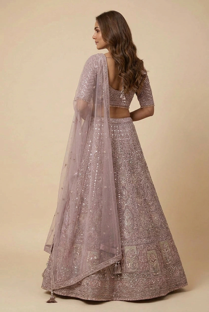 Mauve Net Lehenga Set with Crystal Accents for Bridal Reception
