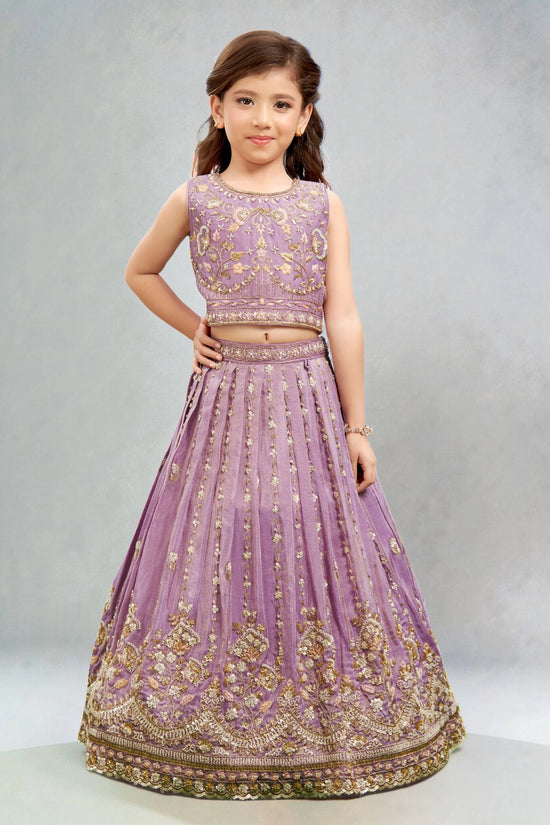 Young girl wearing a purple embroidered traditional outfit on a gray background