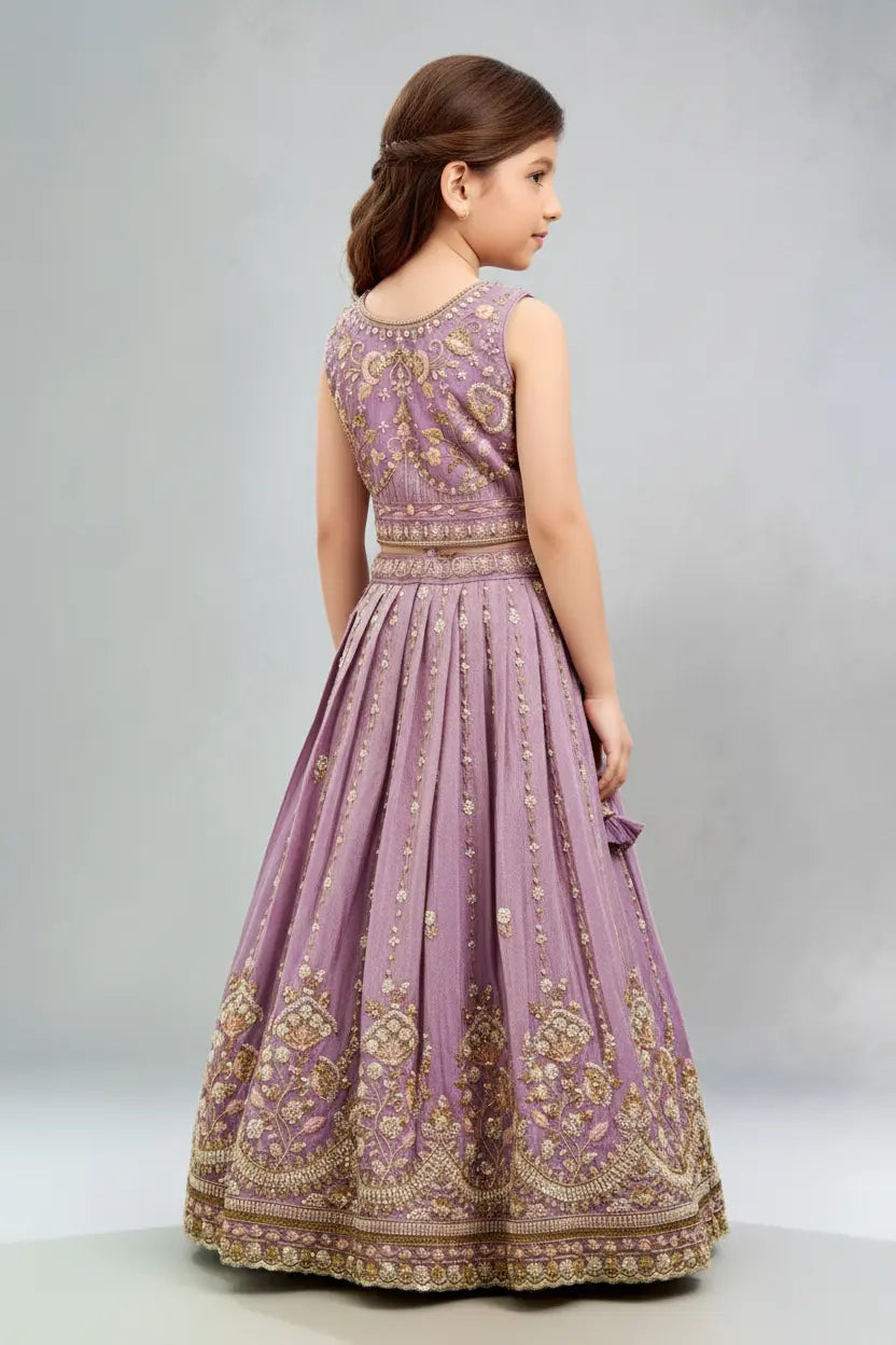 Young girl wearing a purple embroidered dress on a plain background