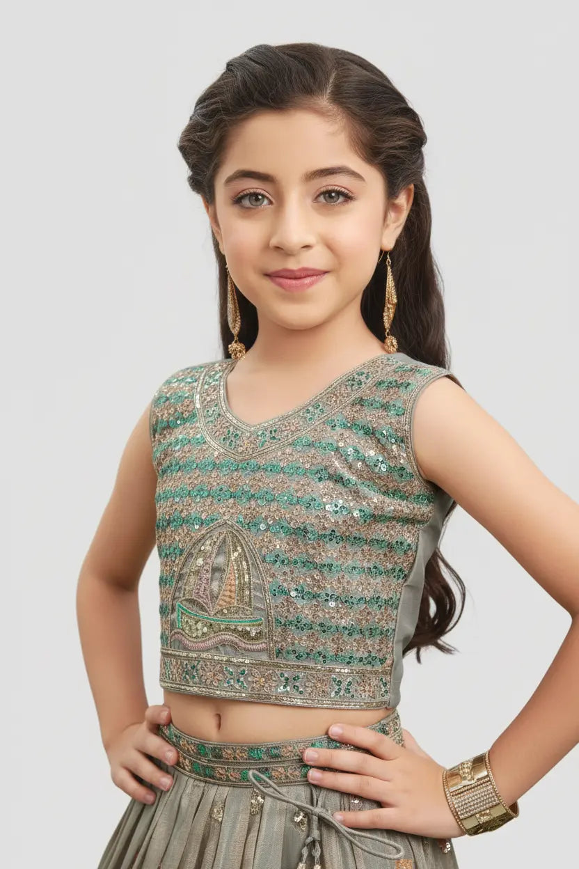 Young girl wearing a traditional outfit with intricate designs on a plain background