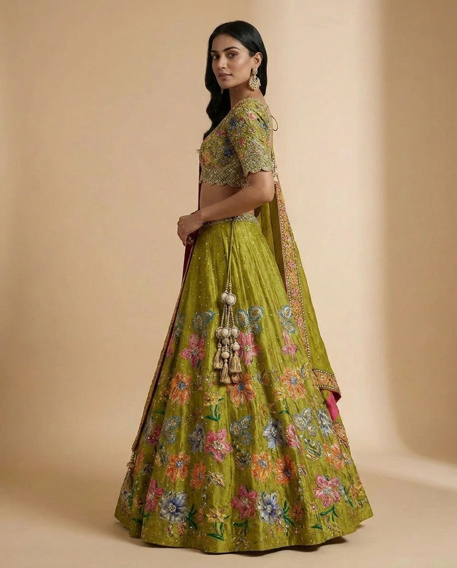 Mehendi Raw Silk Lehenga Set for Wedding and Haldi Wear