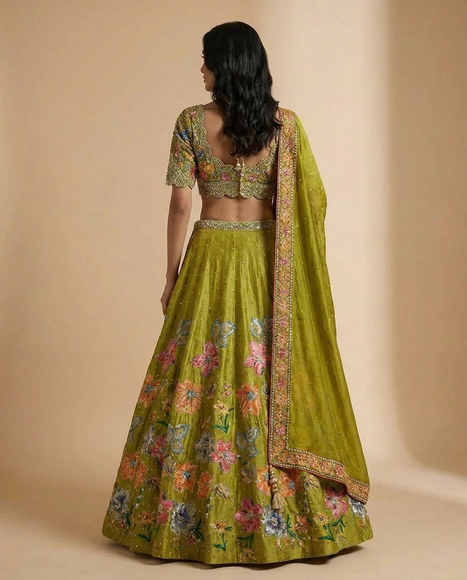 Mehendi Raw Silk Lehenga Set for Wedding and Haldi Wear