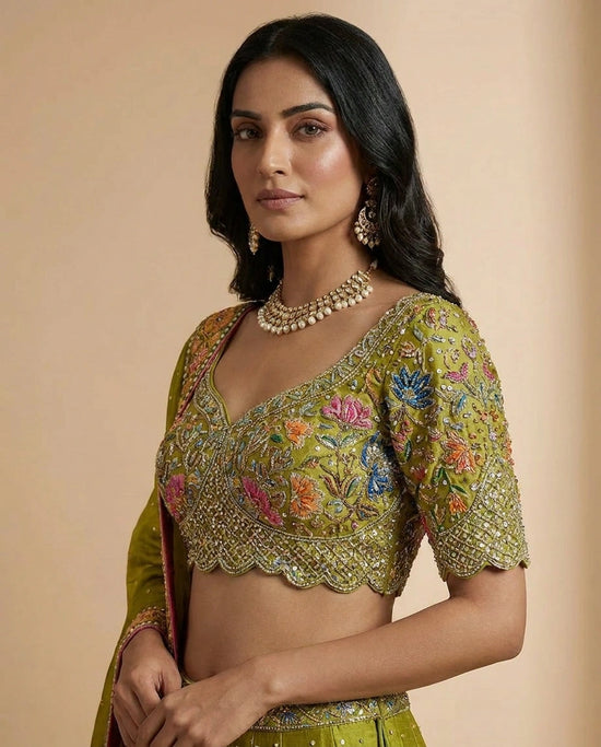 Mehendi Raw Silk Lehenga Set for Wedding and Haldi Wear