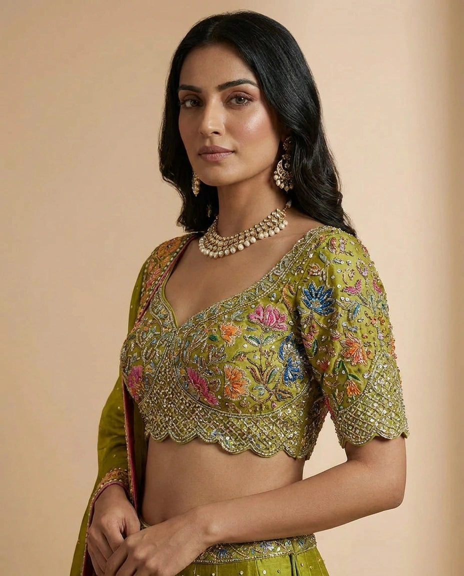 Mehendi Raw Silk Lehenga Set for Wedding and Haldi Wear
