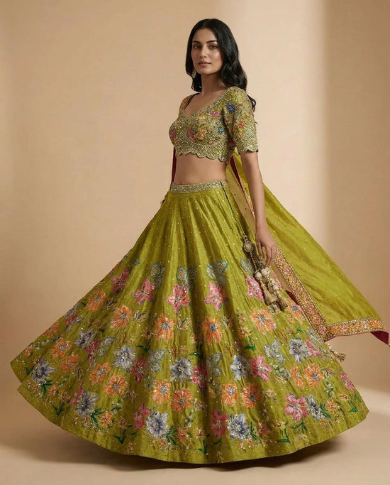 Mehendi Raw Silk Lehenga Set for Wedding and Haldi Wear