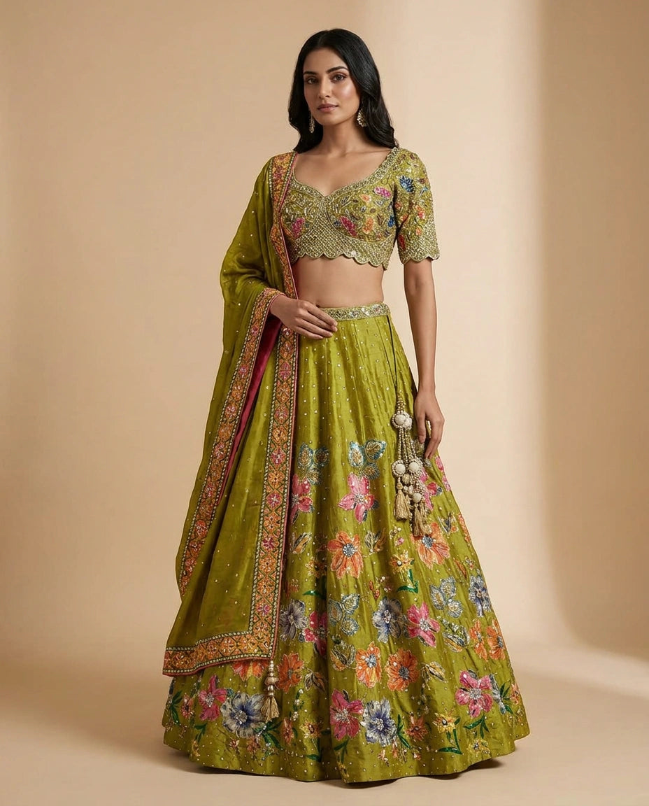 Mehendi Raw Silk Lehenga Set for Wedding and Haldi Wear