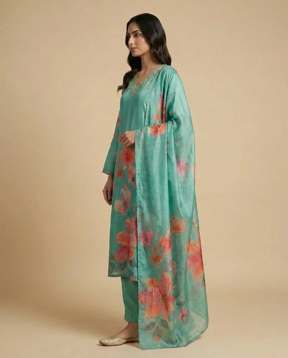 Crepe Silk Straight Suit with Embroidered Yoke and Dupatta - Rangoli India