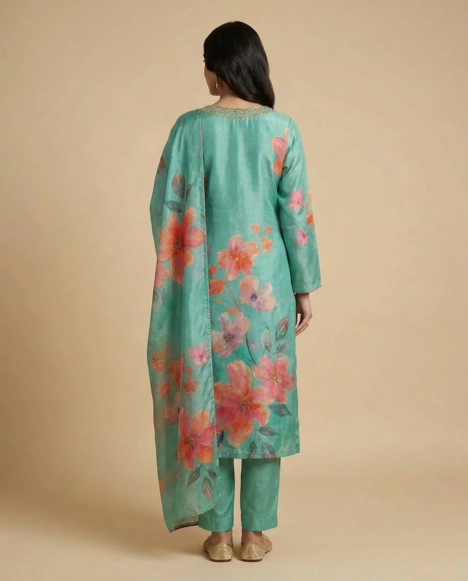 Crepe Silk Straight Suit with Embroidered Yoke and Dupatta - Rangoli India