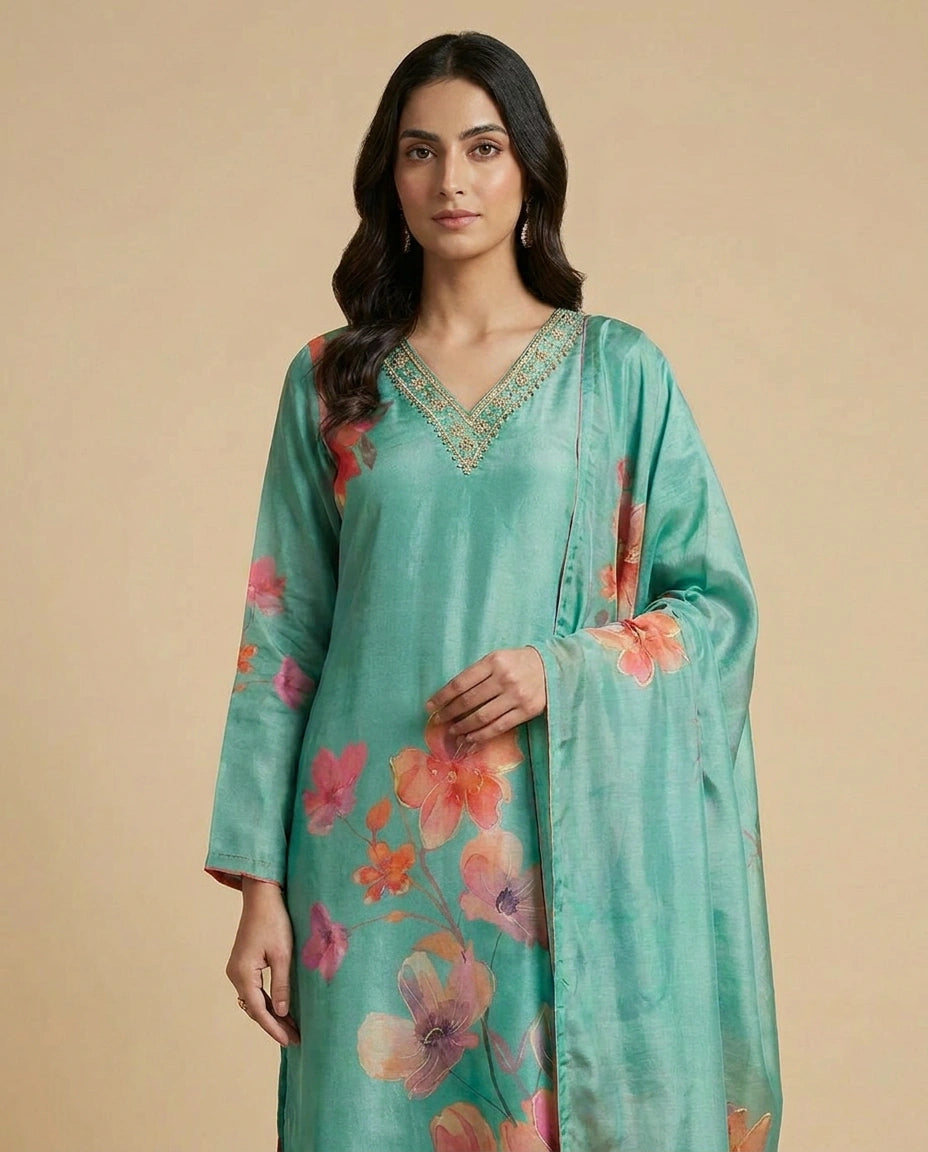 Crepe Silk Straight Suit with Embroidered Yoke and Dupatta - Rangoli India
