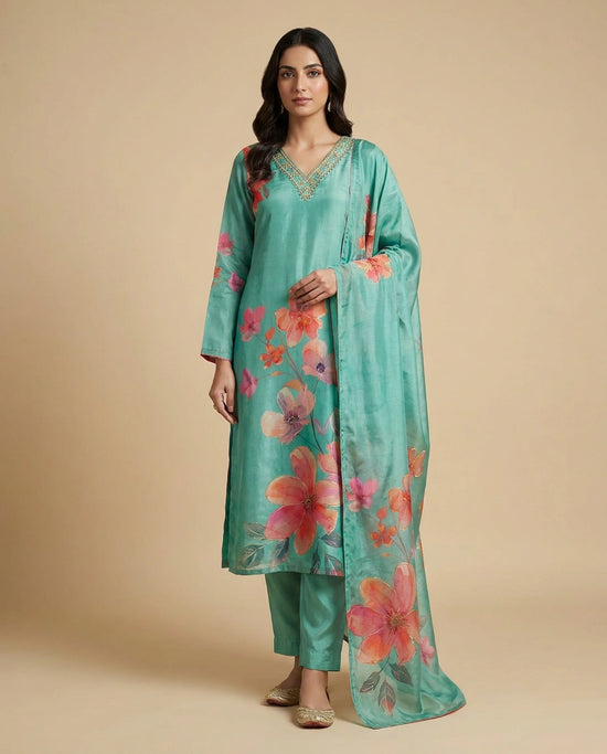 Crepe Silk Straight Suit with Embroidered Yoke and Dupatta - Rangoli India