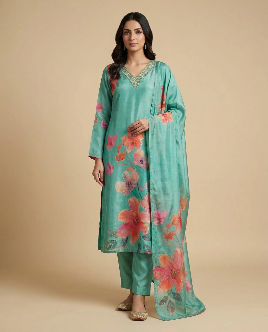 Crepe Silk Straight Suit with Embroidered Yoke and Dupatta - Rangoli India