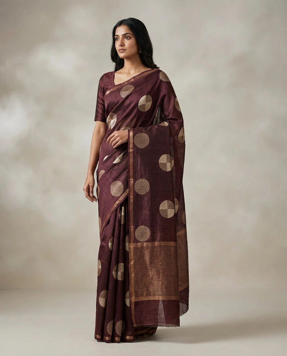 Tussar Silk Saree with Brocade Woven Border Online India - Rangoli India