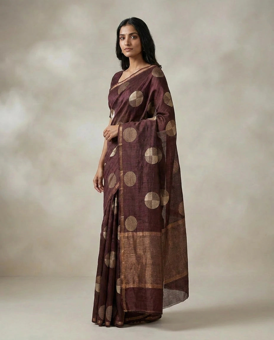 Tussar Silk Saree with Brocade Woven Border Online India - Rangoli India