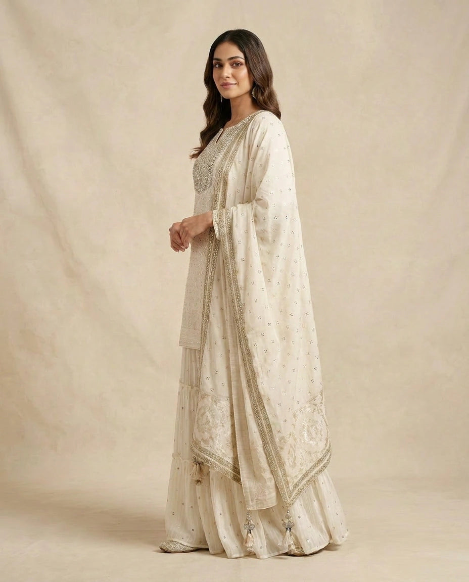 White Georgette Sharara Set for Wedding and Sangeet