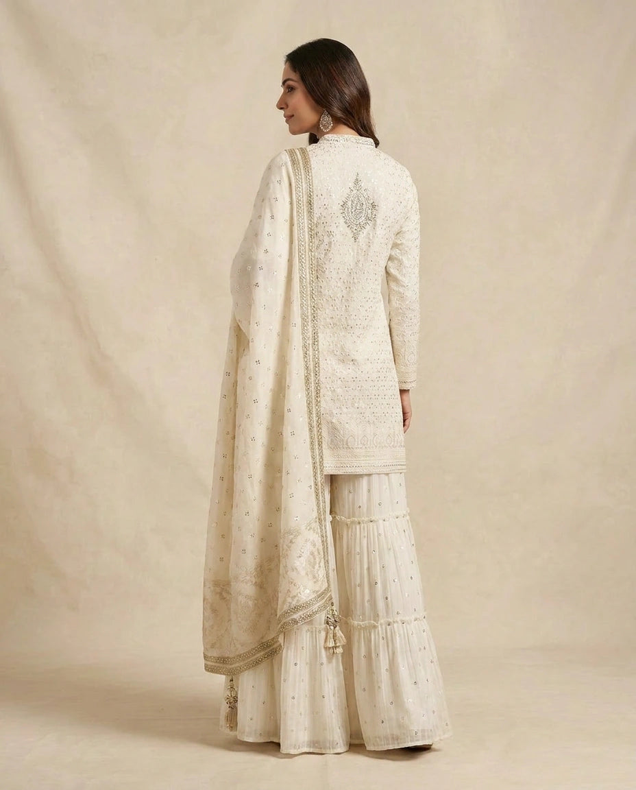 White Georgette Sharara Set for Wedding and Sangeet