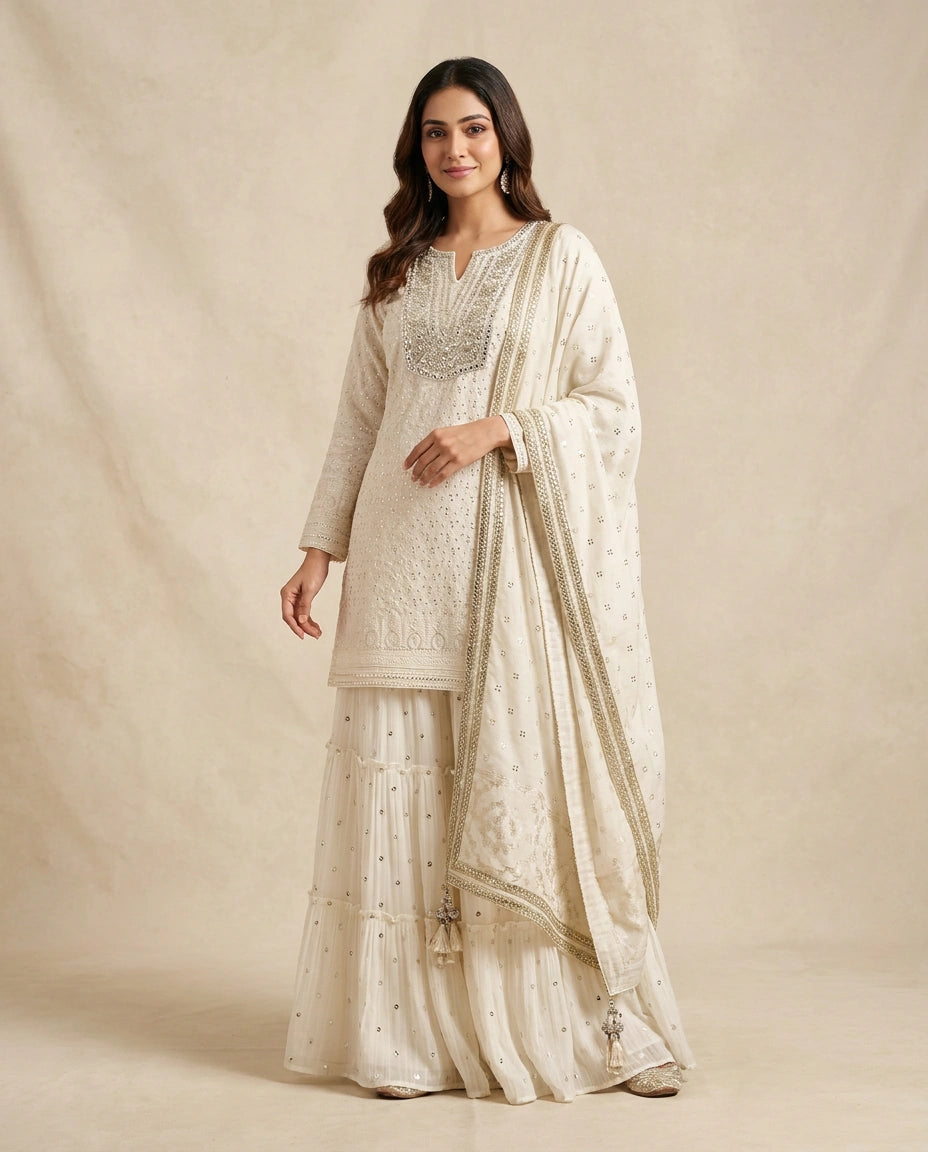 White Georgette Sharara Set for Wedding and Sangeet