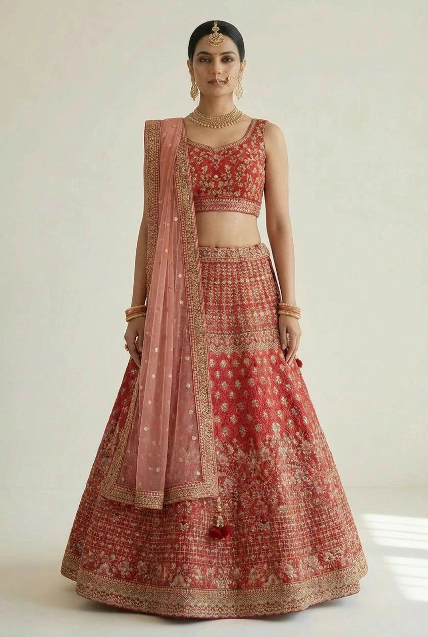 Red Silk Katan Lehenga Set with Zari Work for Festive Wedding