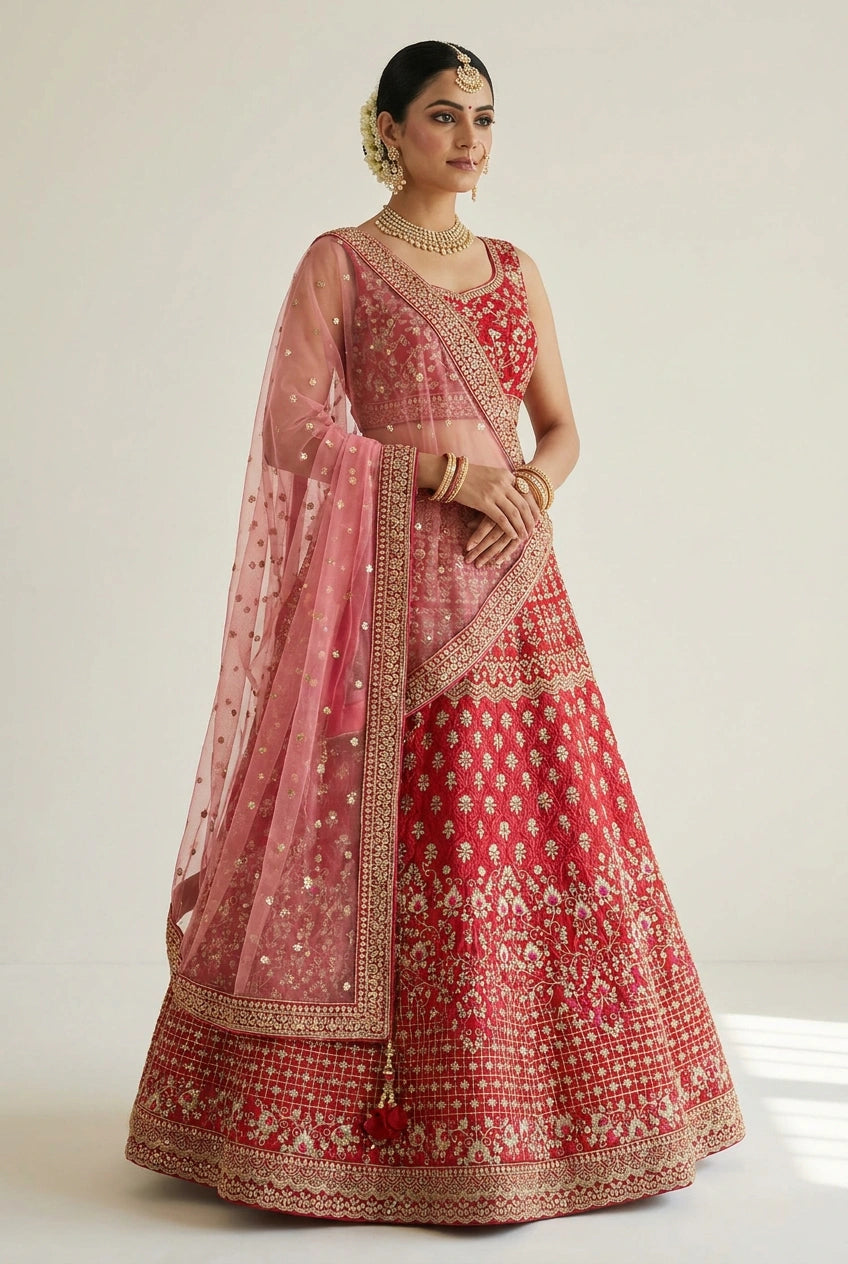 Red Silk Katan Lehenga Set with Zari Work for Festive Wedding