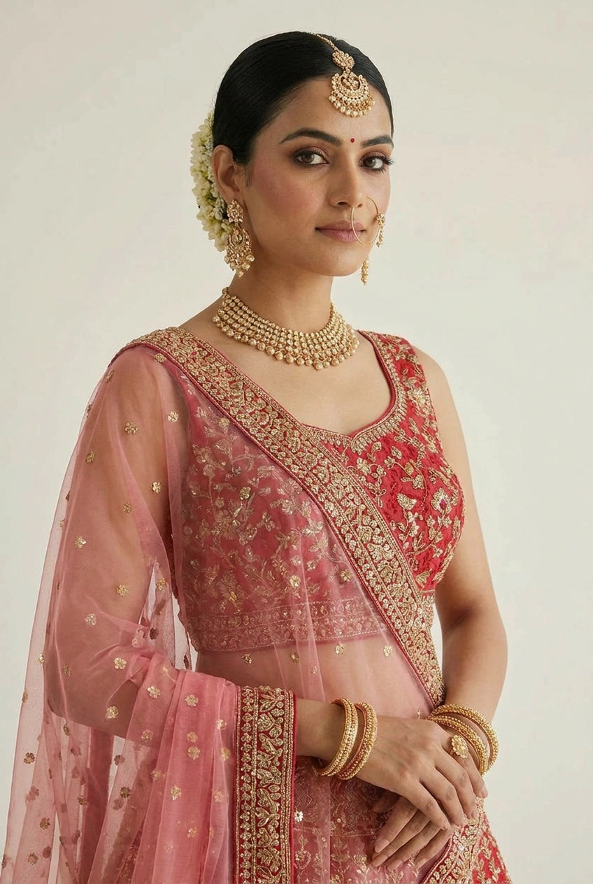 Red Silk Katan Lehenga Set with Zari Work for Festive Wedding