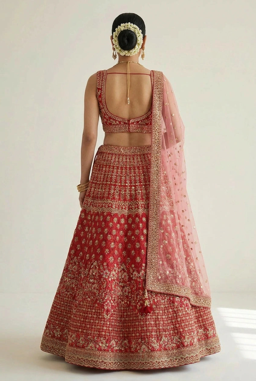 Red Silk Katan Lehenga Set with Zari Work for Festive Wedding