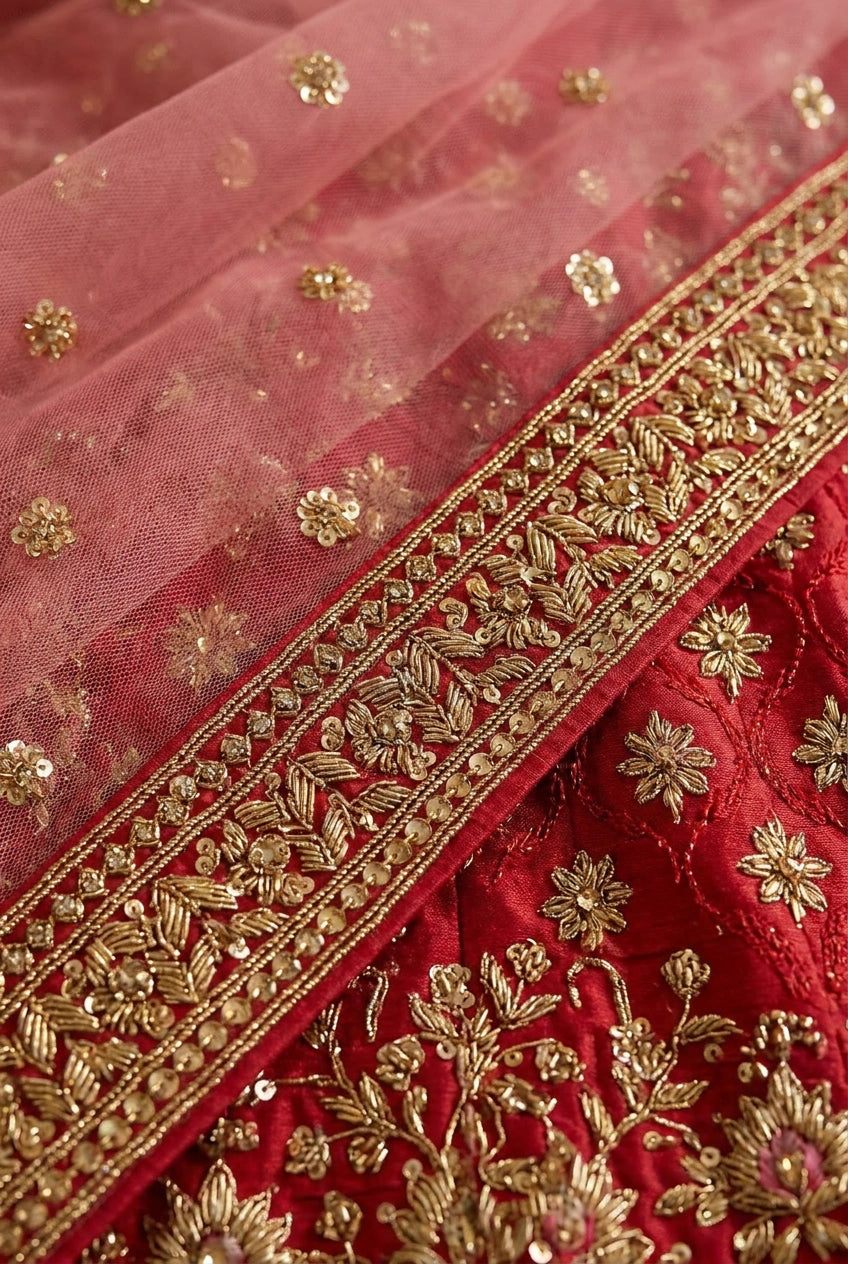 Red Silk Katan Lehenga Set with Zari Work for Festive Wedding