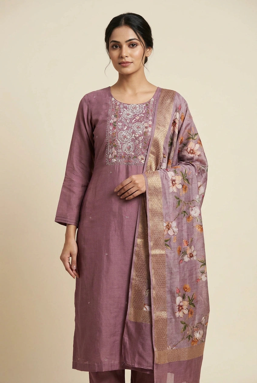 Mauve Cotton Straight Suit with Threadwork for Festive Days