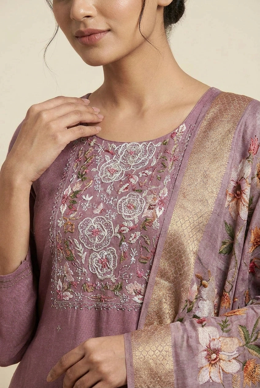 Mauve Cotton Straight Suit with Threadwork for Festive Days