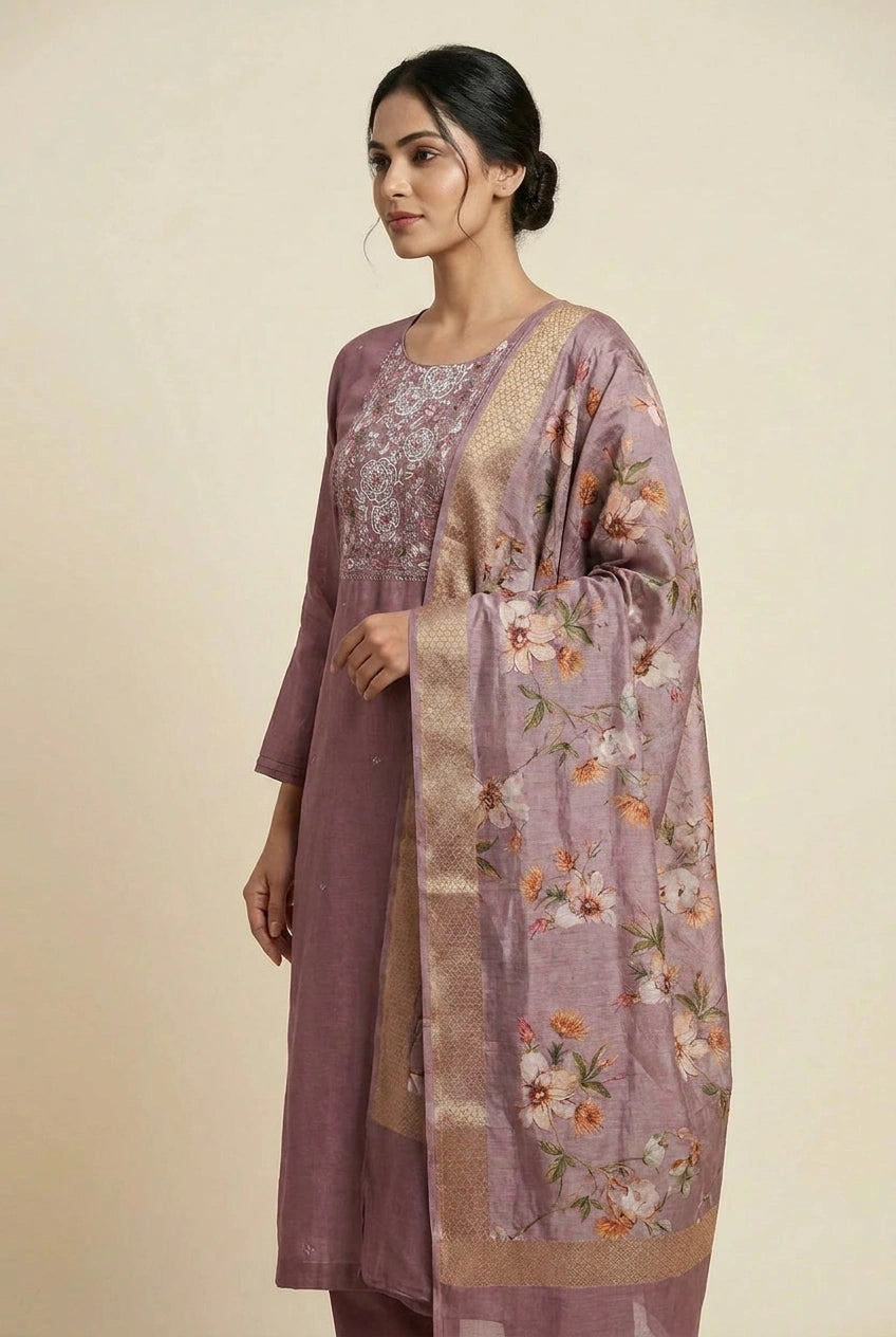 Mauve Cotton Straight Suit with Threadwork for Festive Days