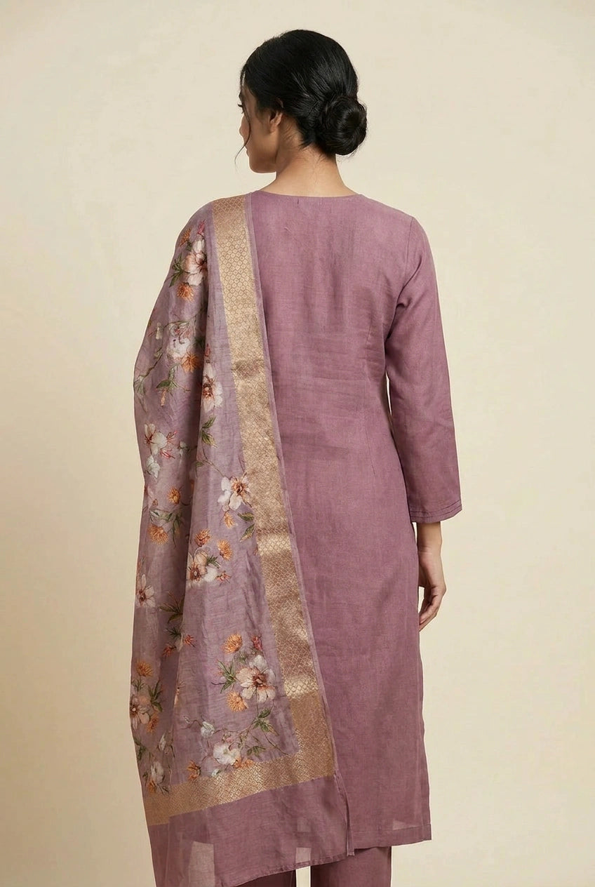 Mauve Cotton Straight Suit with Threadwork for Festive Days