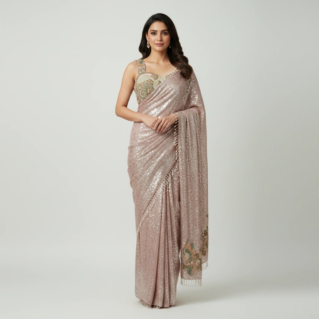 Blush Pink Sequin Saree with Embroidered Designer Blouse