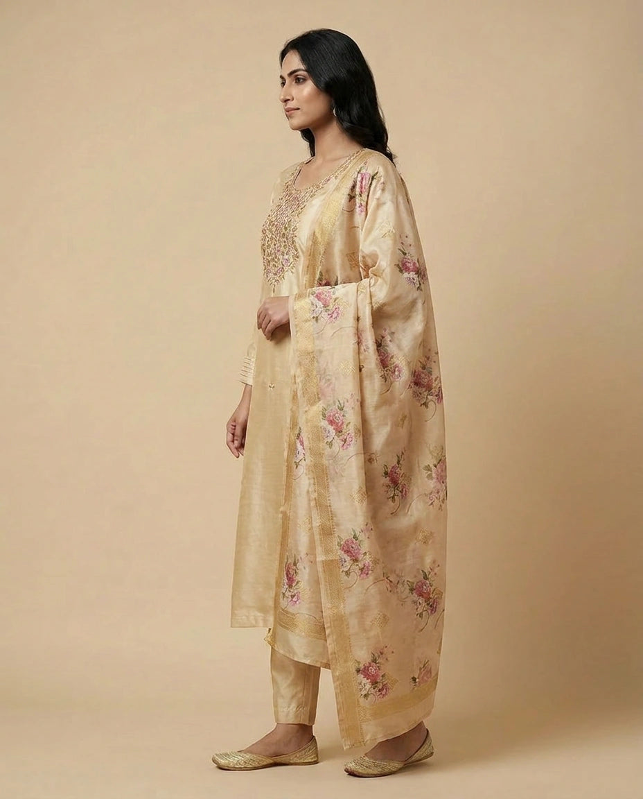 Yellow Tissue Straight Suit Set for Sangeet and Festive