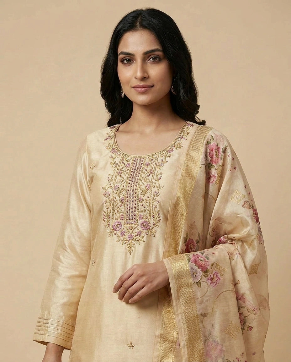 Yellow Tissue Straight Suit Set for Sangeet and Festive