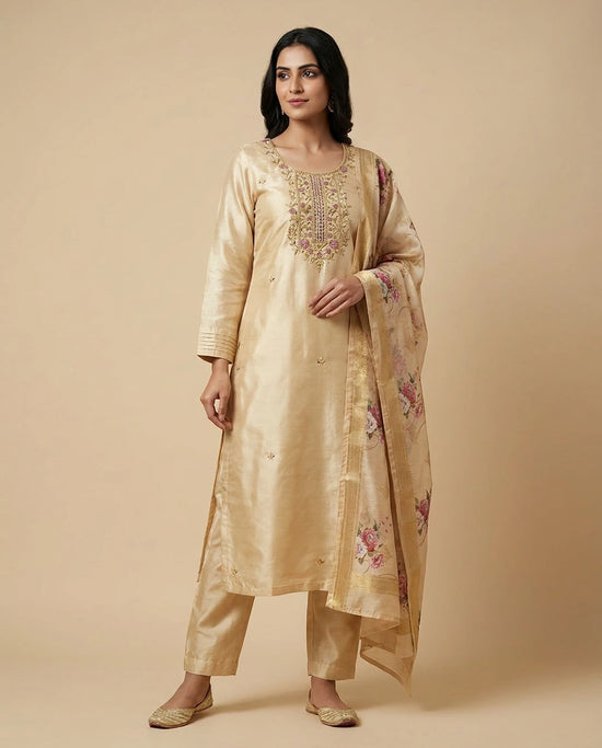 Yellow Tissue Straight Suit Set for Sangeet and Festive