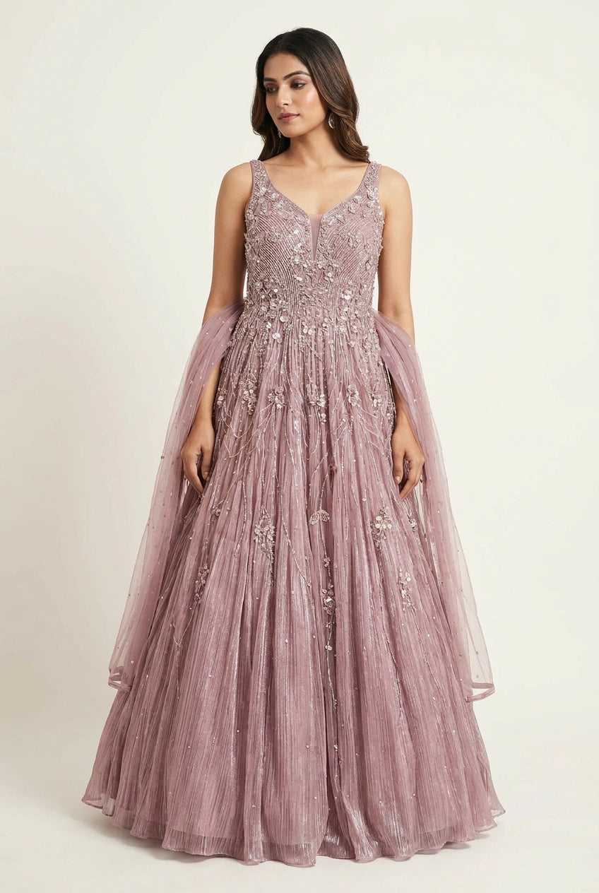 Net Anarkali Gown with Pearl Detail for Reception Wear