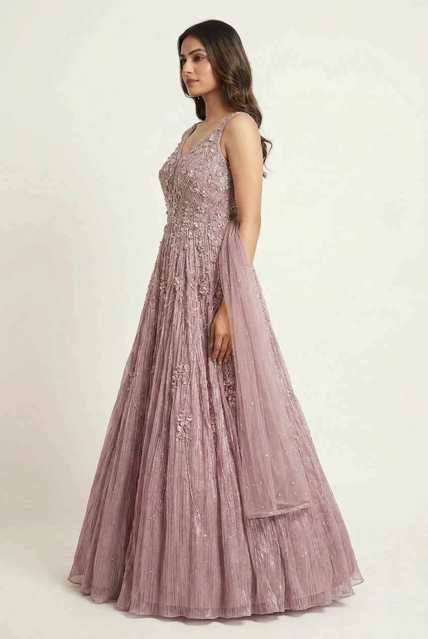 Net Anarkali Gown with Pearl Detail for Reception Wear