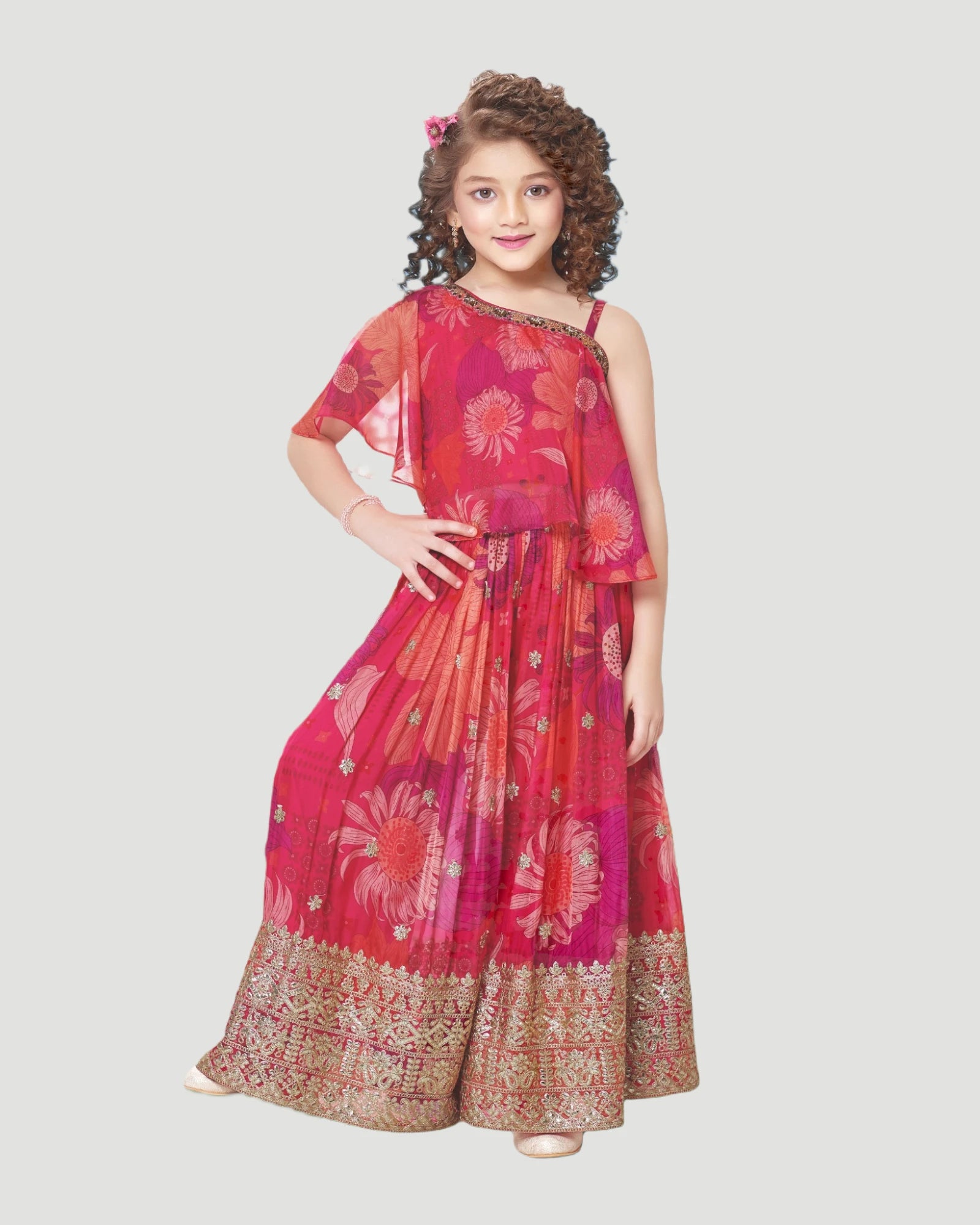 Young girl wearing a red floral dress on a white background