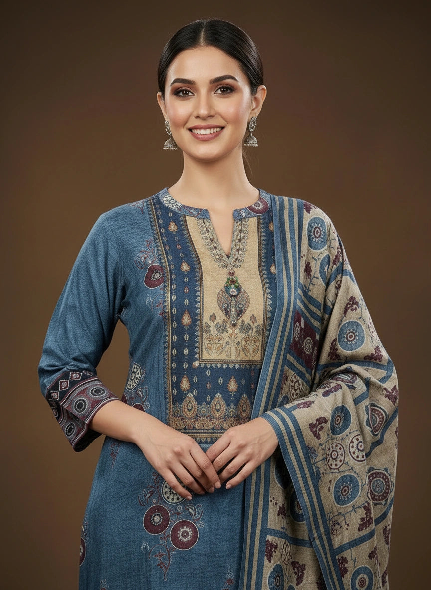 Blue Dola Silk Straight Suit
