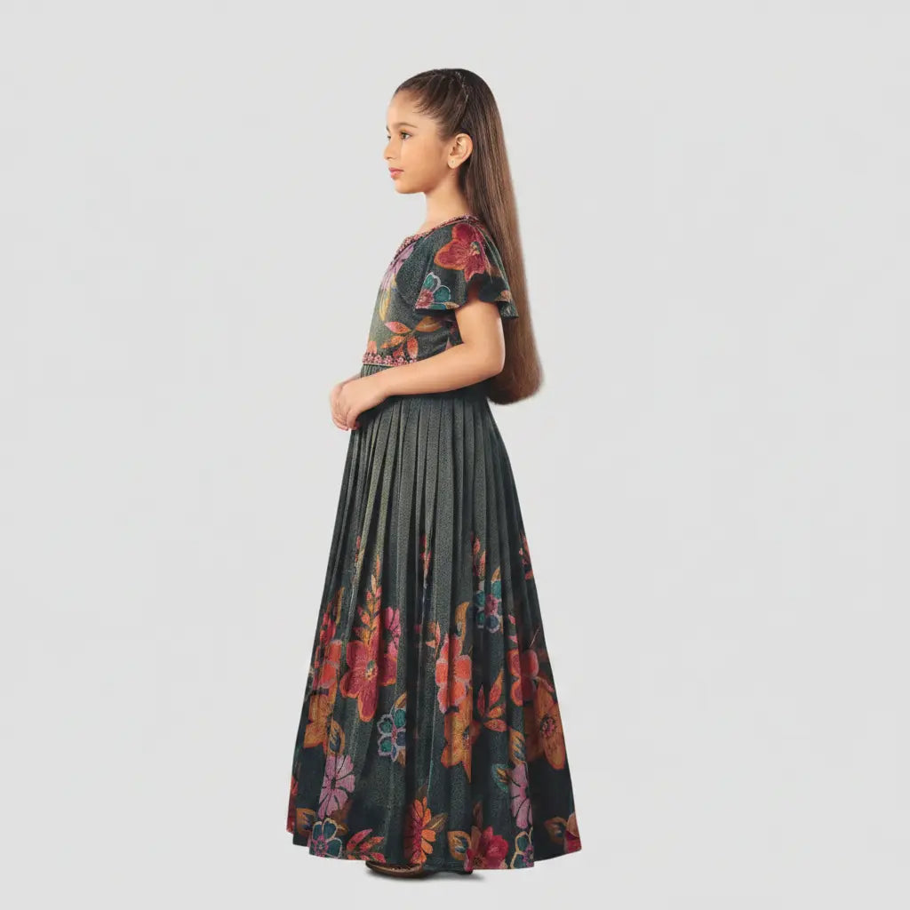 Woman wearing a floral dress on a plain background