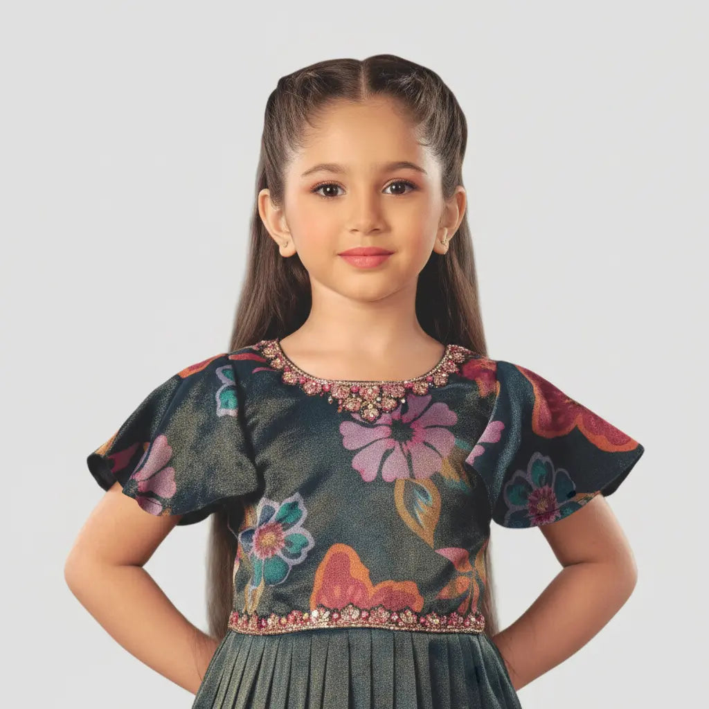 Young girl wearing a floral dress with a plain background