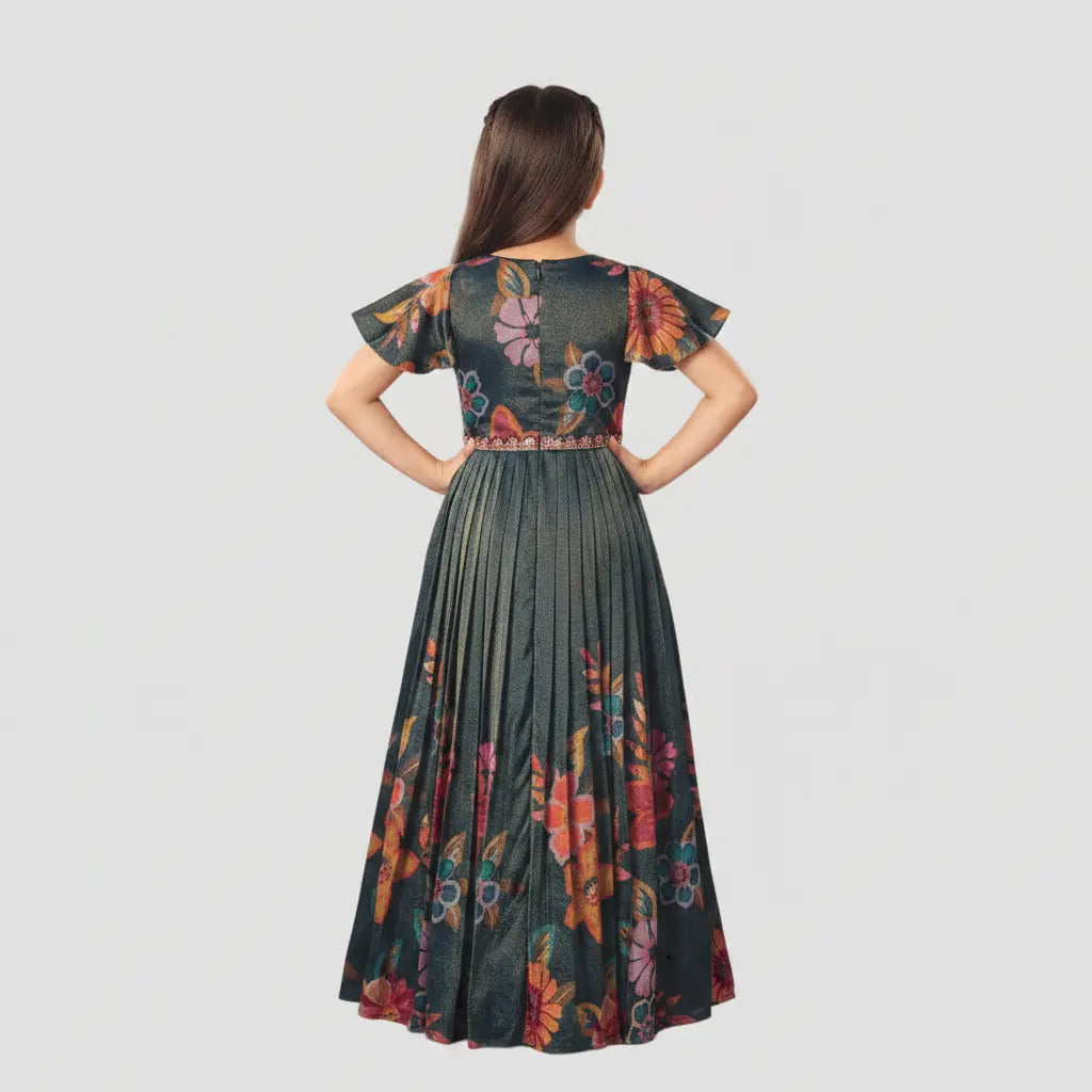 Woman wearing a floral dress with a plain background