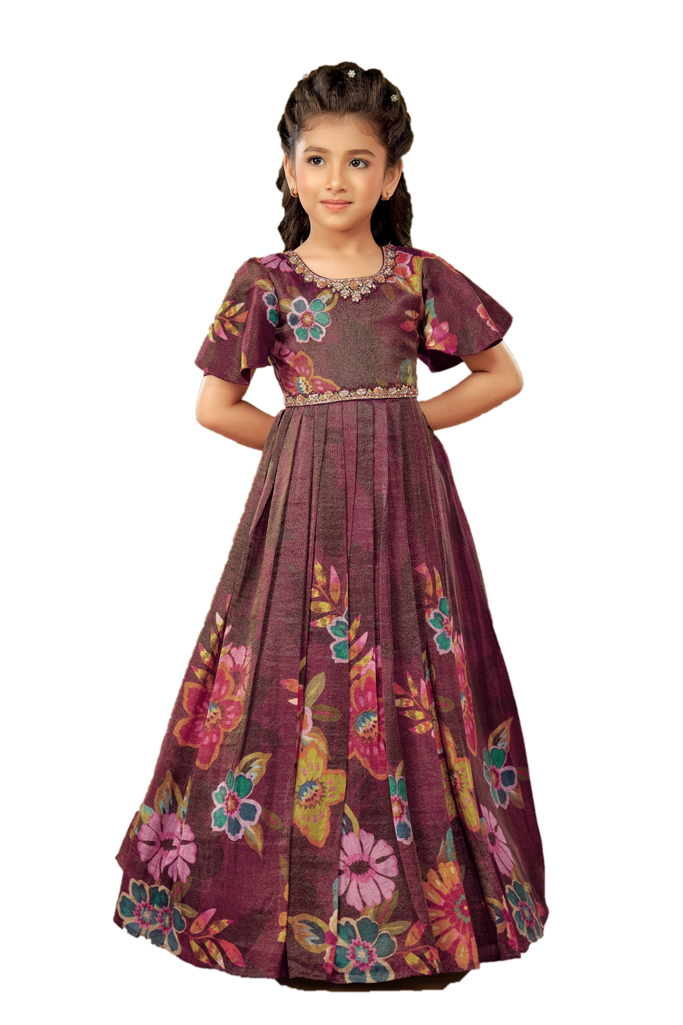 Kids Gown - Wine | Silk Katan | Rangoli Kids