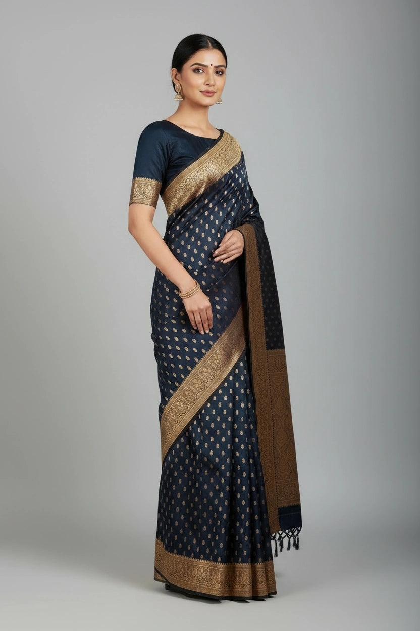 Navy Blue Satin Silk Bridal Banarasi Saree for Cocktail Evening