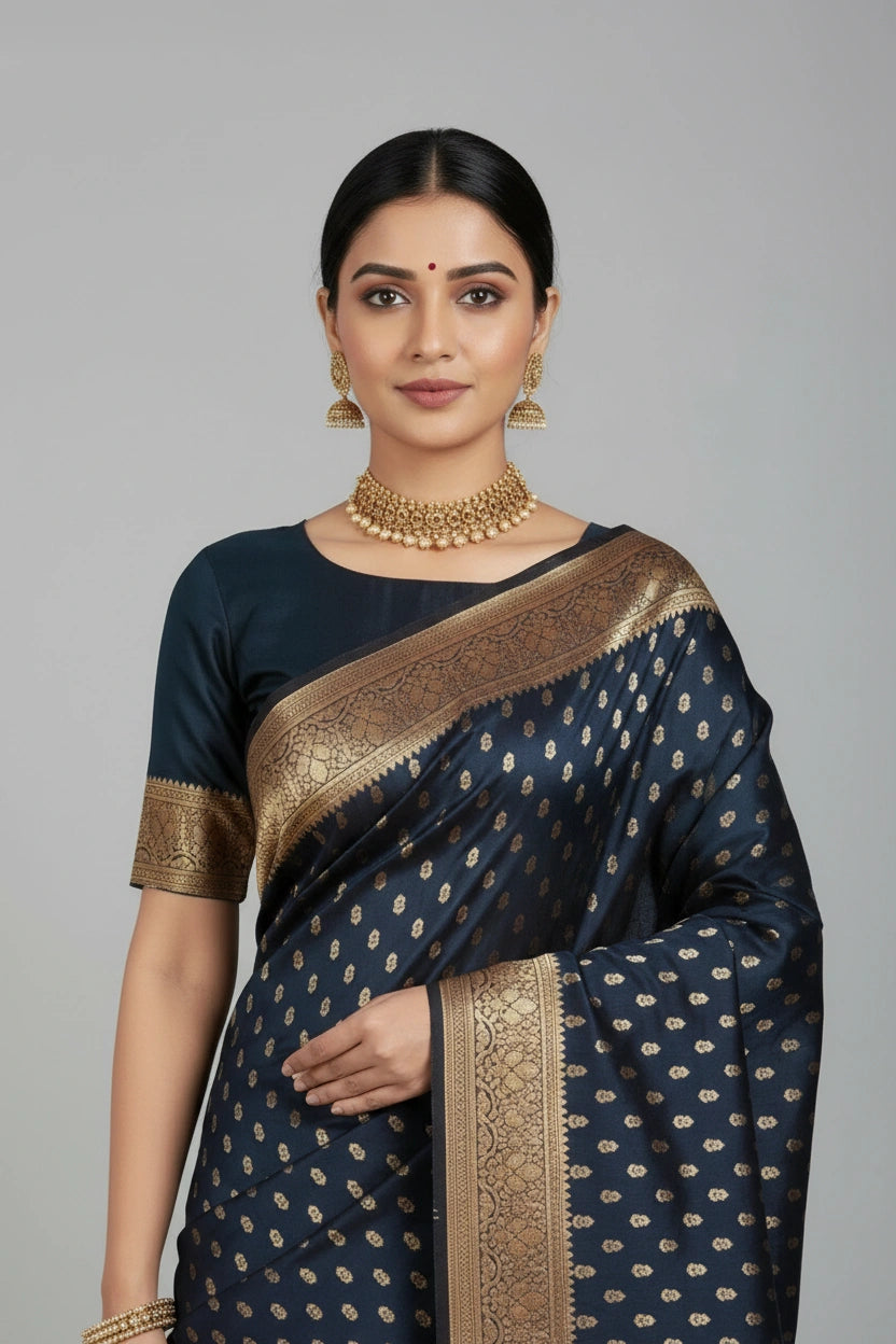 Navy Blue Satin Silk Bridal Banarasi Saree for Cocktail Evening