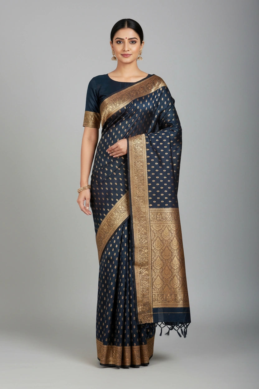 Navy Blue Satin Silk Bridal Banarasi Saree for Cocktail Evening