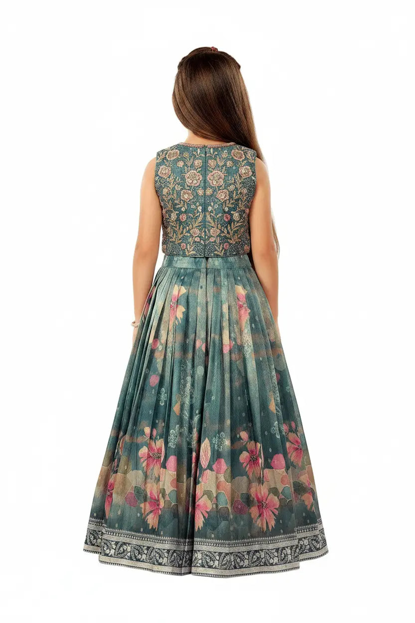 Woman wearing a floral dress with a white background