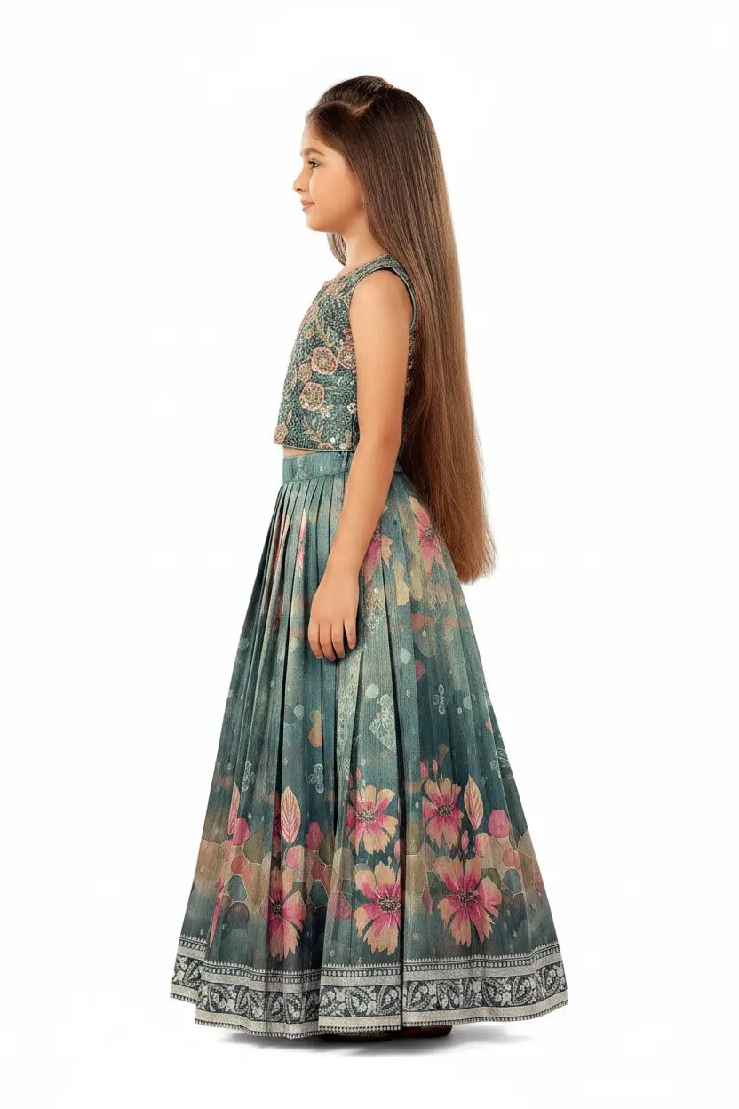 Young girl wearing a floral dress on a white background